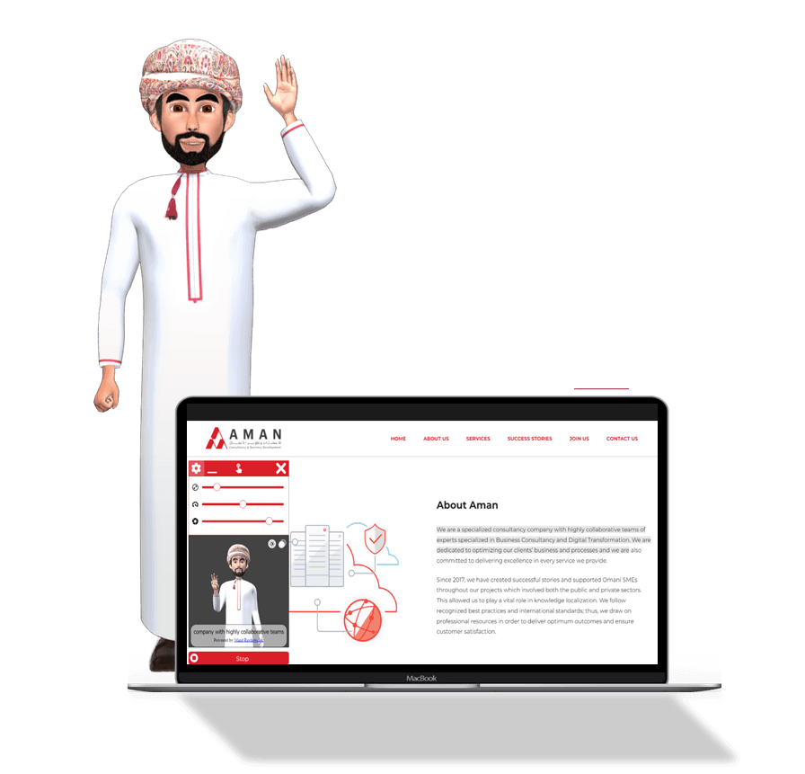 Man in traditional attire pointing to a UI